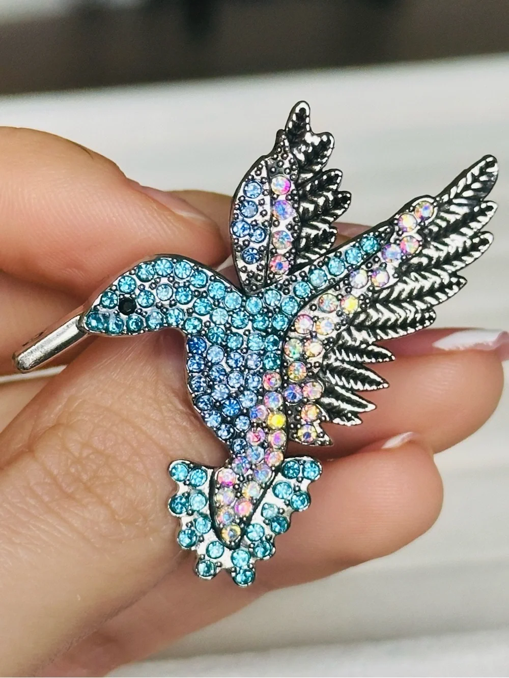 New! Blue Crystal Hummingbird Bird Pin Brooch